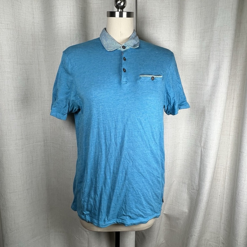 Ted Baker Men's Polo Shirt Sky Blue Contrast Geometric Collar Pocket Sz 4 Large